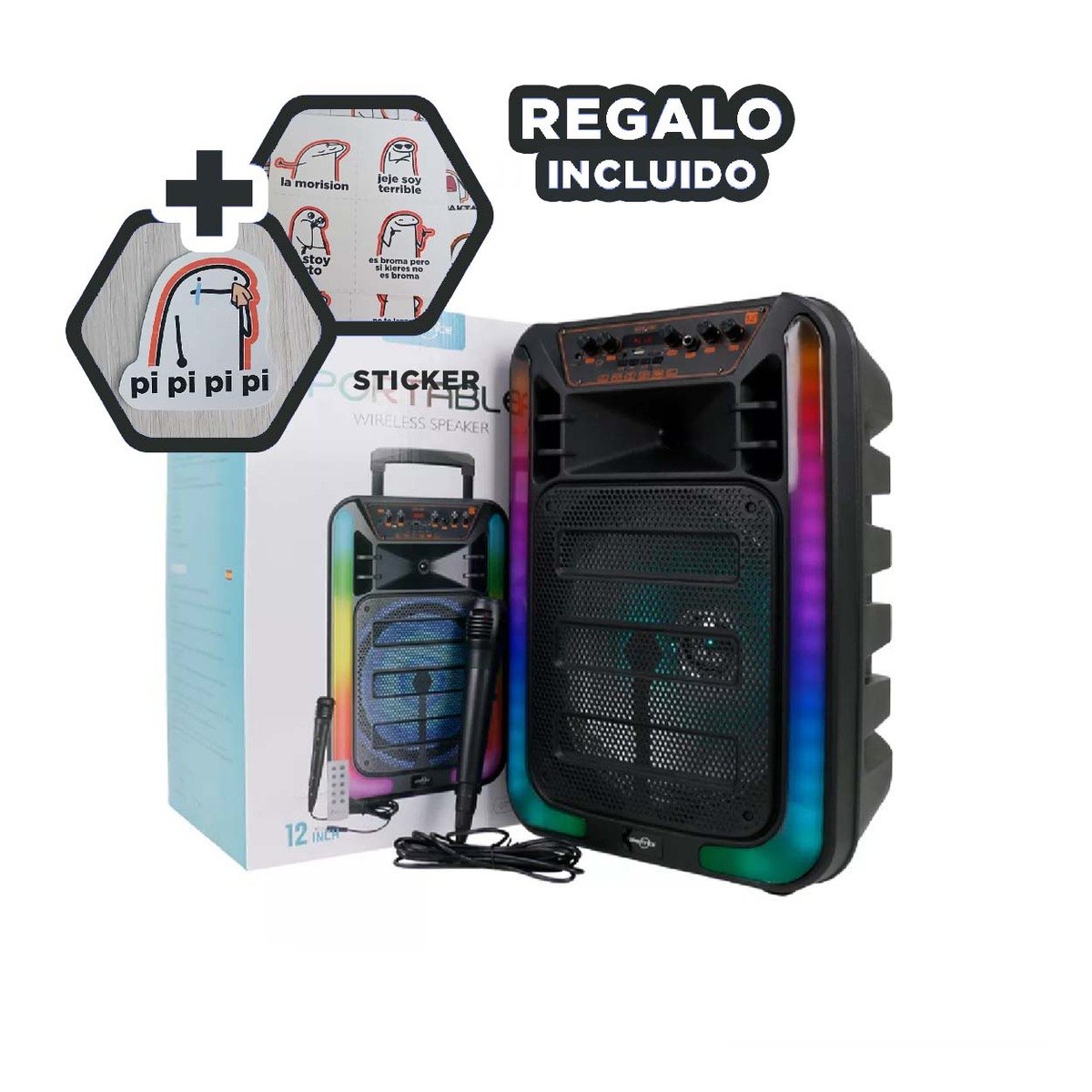 AUDIO RECARGABLE PARA PARLANTE 12 PULGADAS NEGRO CON LLANTAS RECTANGULAR Y+REGALO STICKER - 1