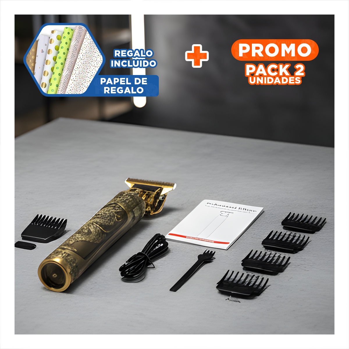PACK2 AFEITADORA CABELLO NEGRO DORADO CON CUCHILLA FINA PARA PERFILADO PRECISO Y+PAPEL REGALO - 1