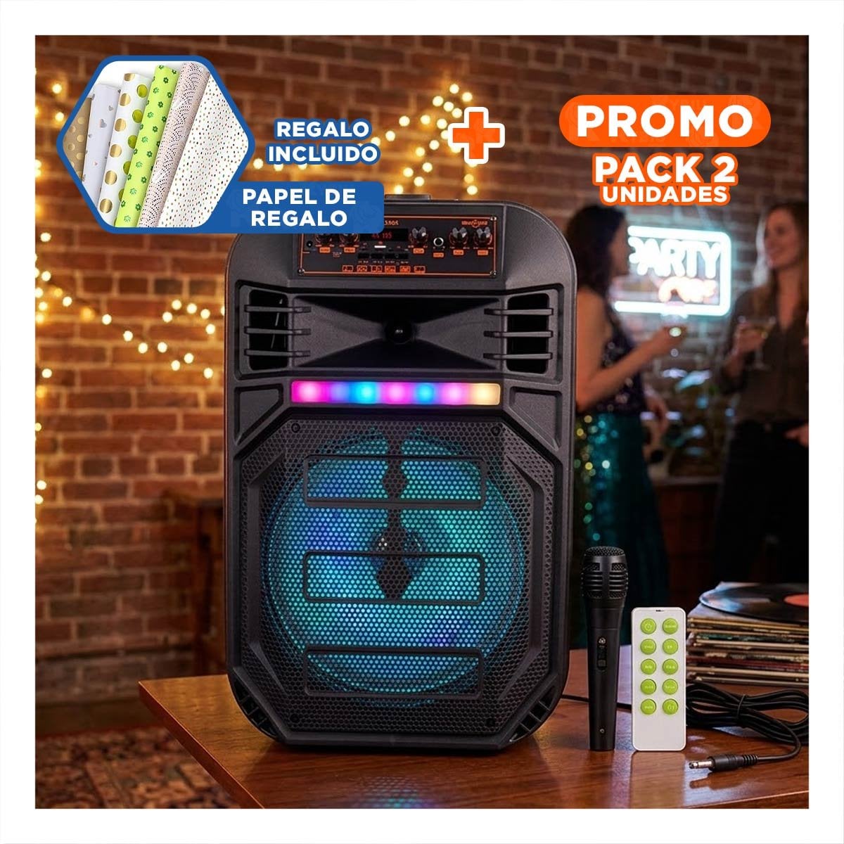 PACK2 COLUMNA PORTATIL CON PARLANTE 12 PULGADAS NEGRO LUCES LATERALES Y+PAPEL REGALO - 1