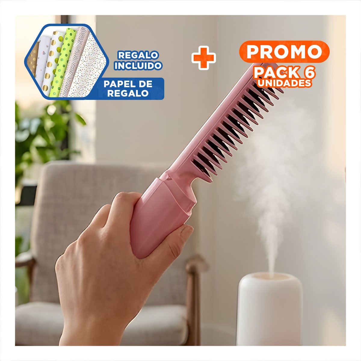 PACK6 DESENREDADOR PEINADOS DELICADOS 2 EN 1 ROSADO INALAMBRICO FIRME Y+PAPEL REGALO - 1