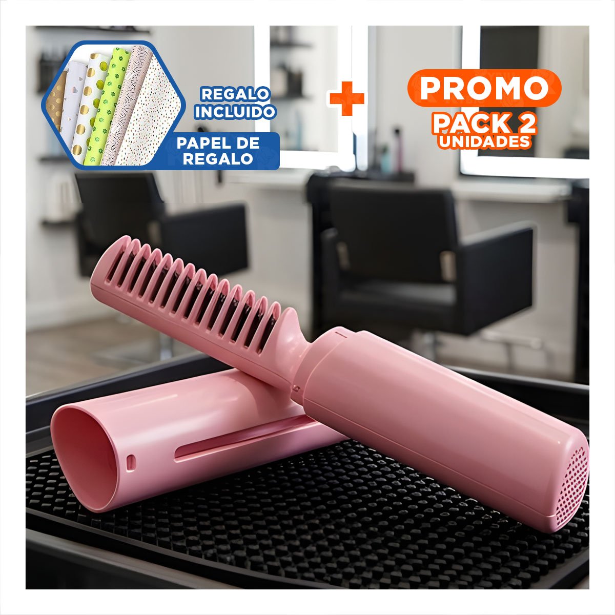 PACK2 ESTILIZADOR PEINADOS COMPACTOS ROSADO 2 EN 1 INALAMBRICO PARA CABELLO Y+PAPEL REGALO - 1