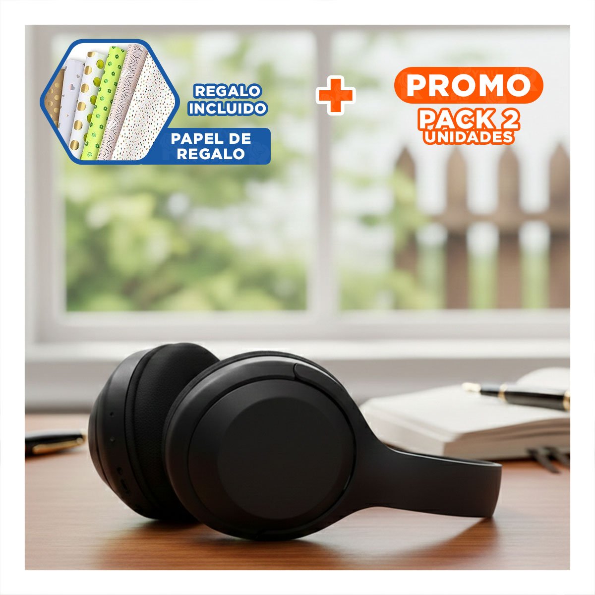 PACK2 AUDIFONO WIRELESS NEGRO BLUETOOTH PORTATIL AUDIO CLARO PARA DISPOSITIVOS Y+PAPEL REGALO - 1