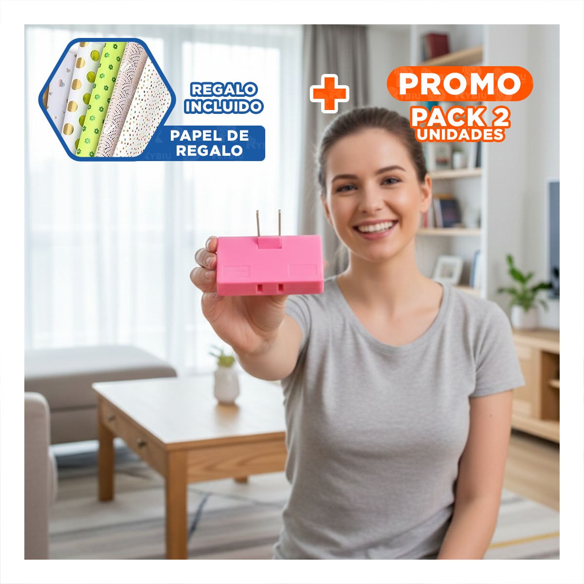 PACK2 DIVISOR TRIPLE DE ENCHUFE FUCSIA COMPACTO 6,6X4,3CM PARA OFICINA Y+PAPEL REGALO - 1