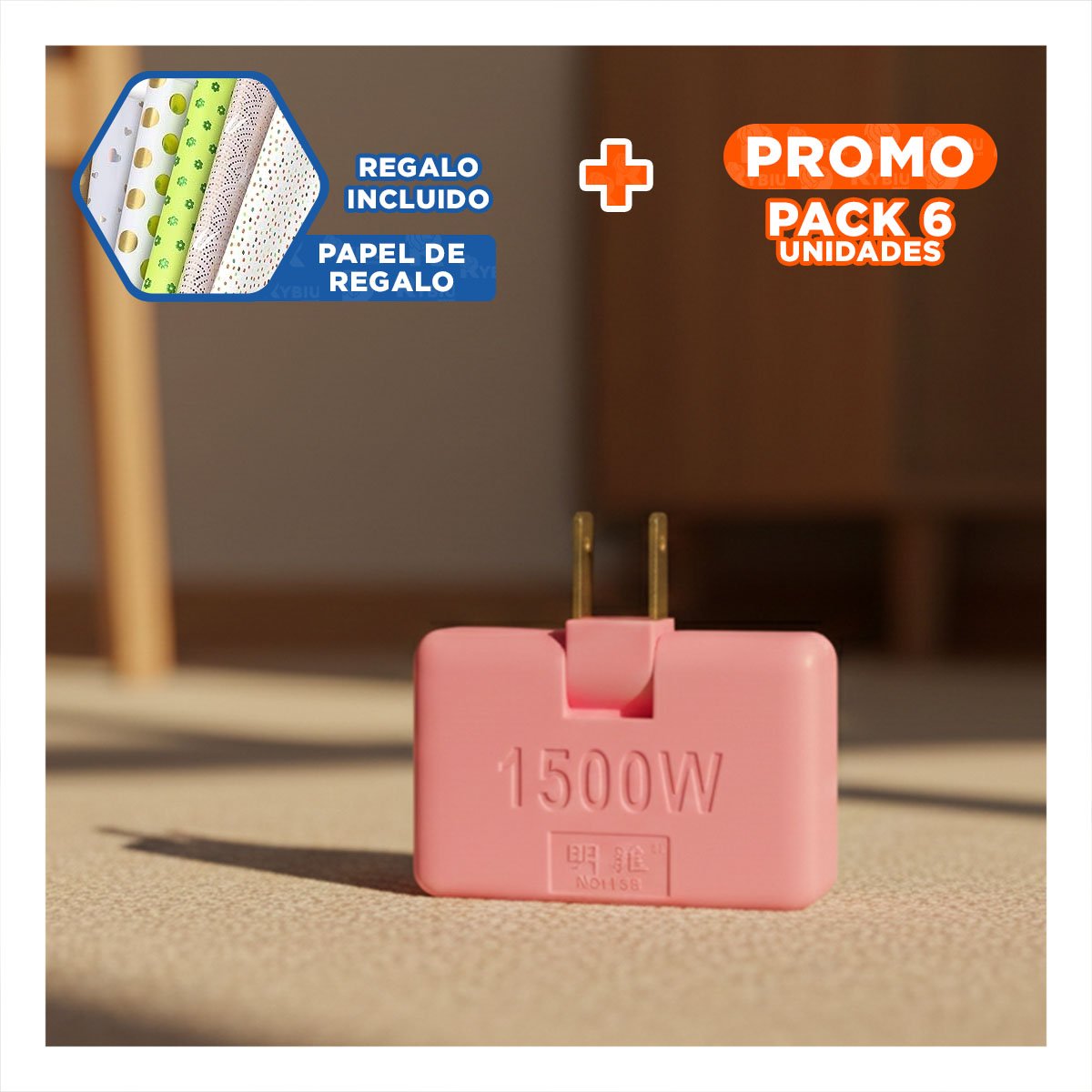 PACK6 EXTENSOR TRIPLE DE ENCHUFE FUCSIA COMPACTO 6,6X4,3CM PARA OFICINA Y+PAPEL REGALO - 1