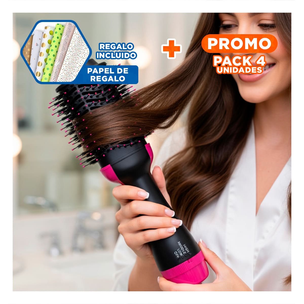 PACK4 DESENREDADOR USO DIARIO 2 EN 1 ROSADO INALAMBRICO PARA CABELLO LIGERO Y+PAPEL REGALO - 1