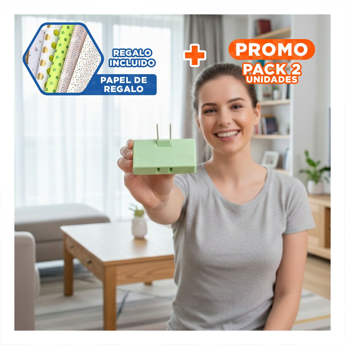 PACK2 CONECTOR TRIPLE DE ENCHUFE VERDE COMPACTO 6,6X4,3CM PARA OFICINA Y+PAPEL REGALO - 1