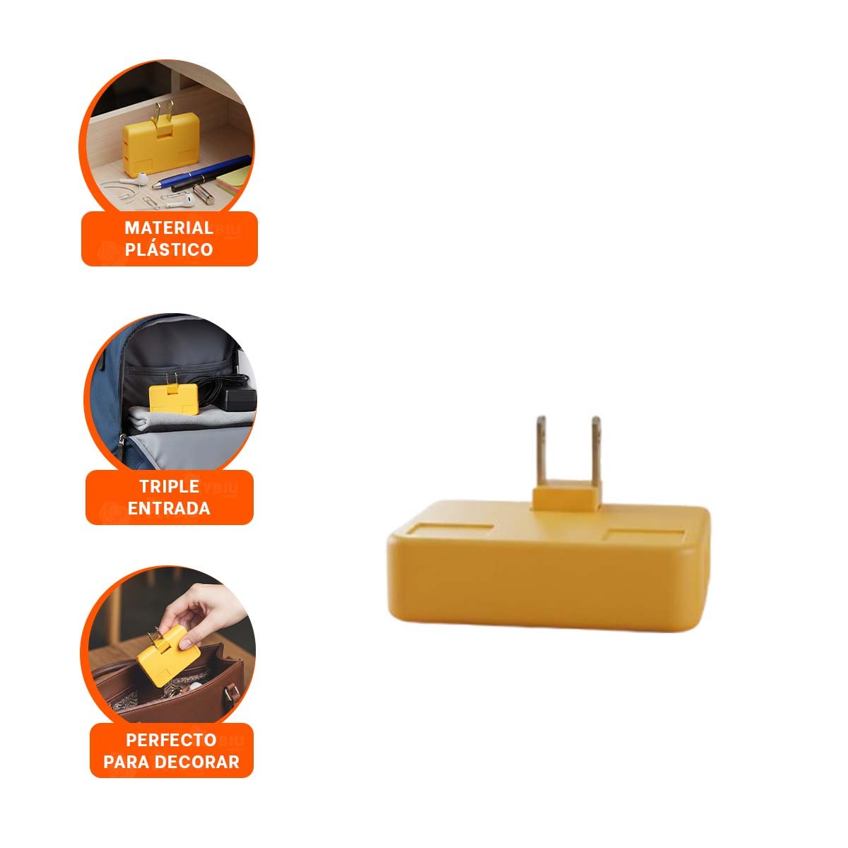 MULTIPLICADOR TRIPLE DE ENCHUFE NARANJA COMPACTO 6,6X4,3CM PARA OFICINA - 3