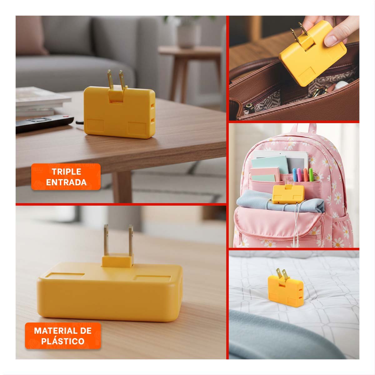 MULTIPLICADOR TRIPLE DE ENCHUFE NARANJA COMPACTO 6,6X4,3CM PARA OFICINA - 5