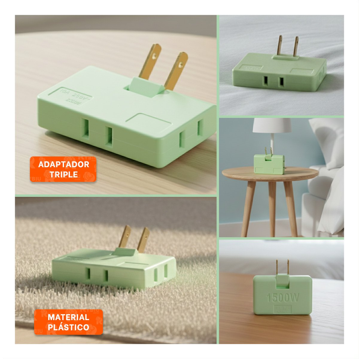 ADAPTADOR TRIPLE DE ENCHUFE VERDE PORTATIL 6,6X4,3CM PARA OFICINA - 5