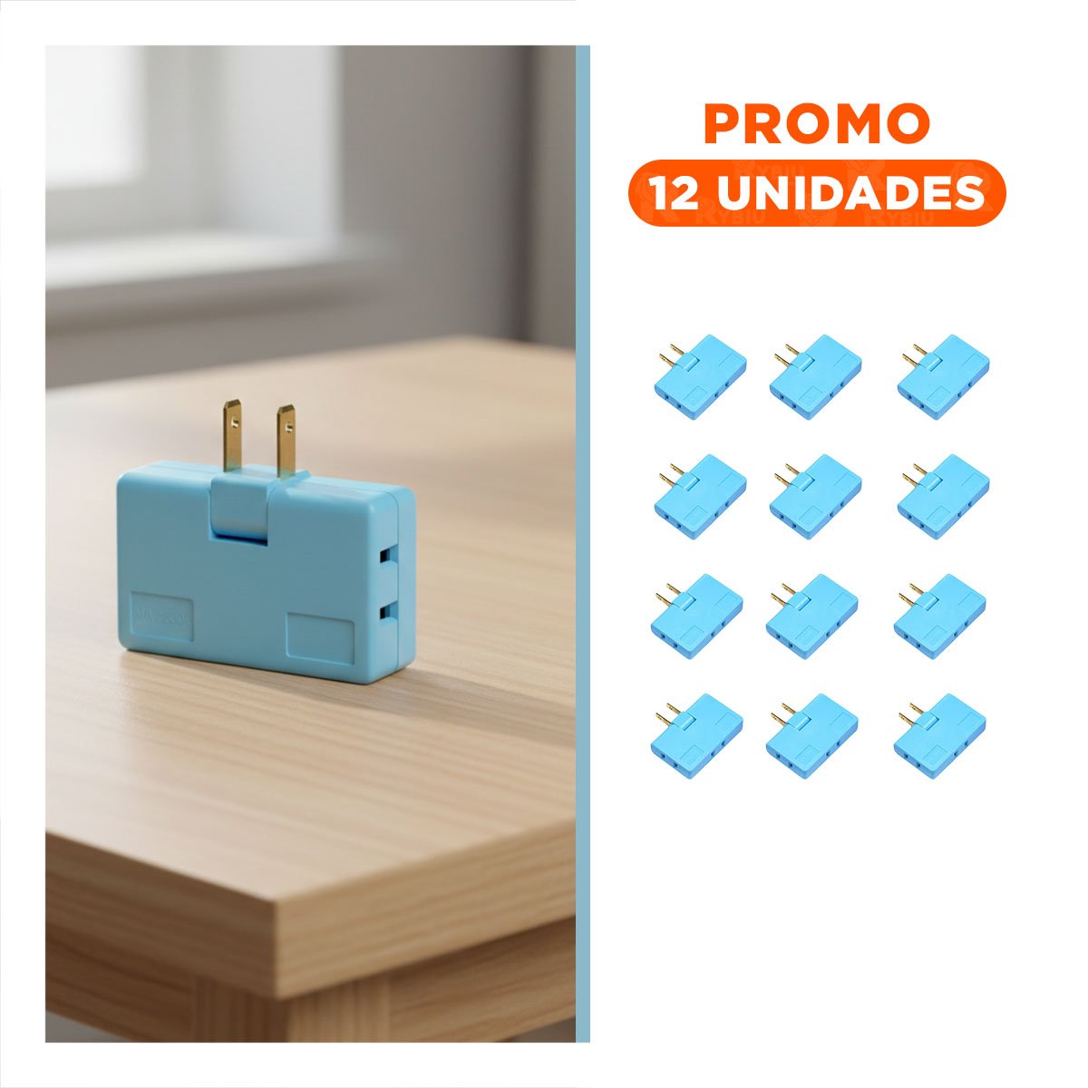 PACK12 DIVISOR TRIPLE DE ENCHUFE CELESTE PRACTICO 6,6X4,3CM PARA OFICINA Y+REGALO STICKER - 1