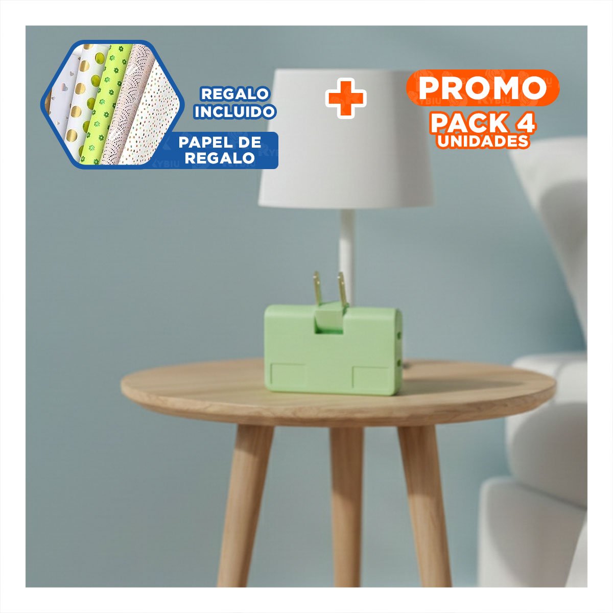 PACK4 EXTENSOR TRIPLE DE ENCHUFE VERDE COMPACTO 6,6X4,3CM PARA OFICINA Y+PAPEL REGALO - 1