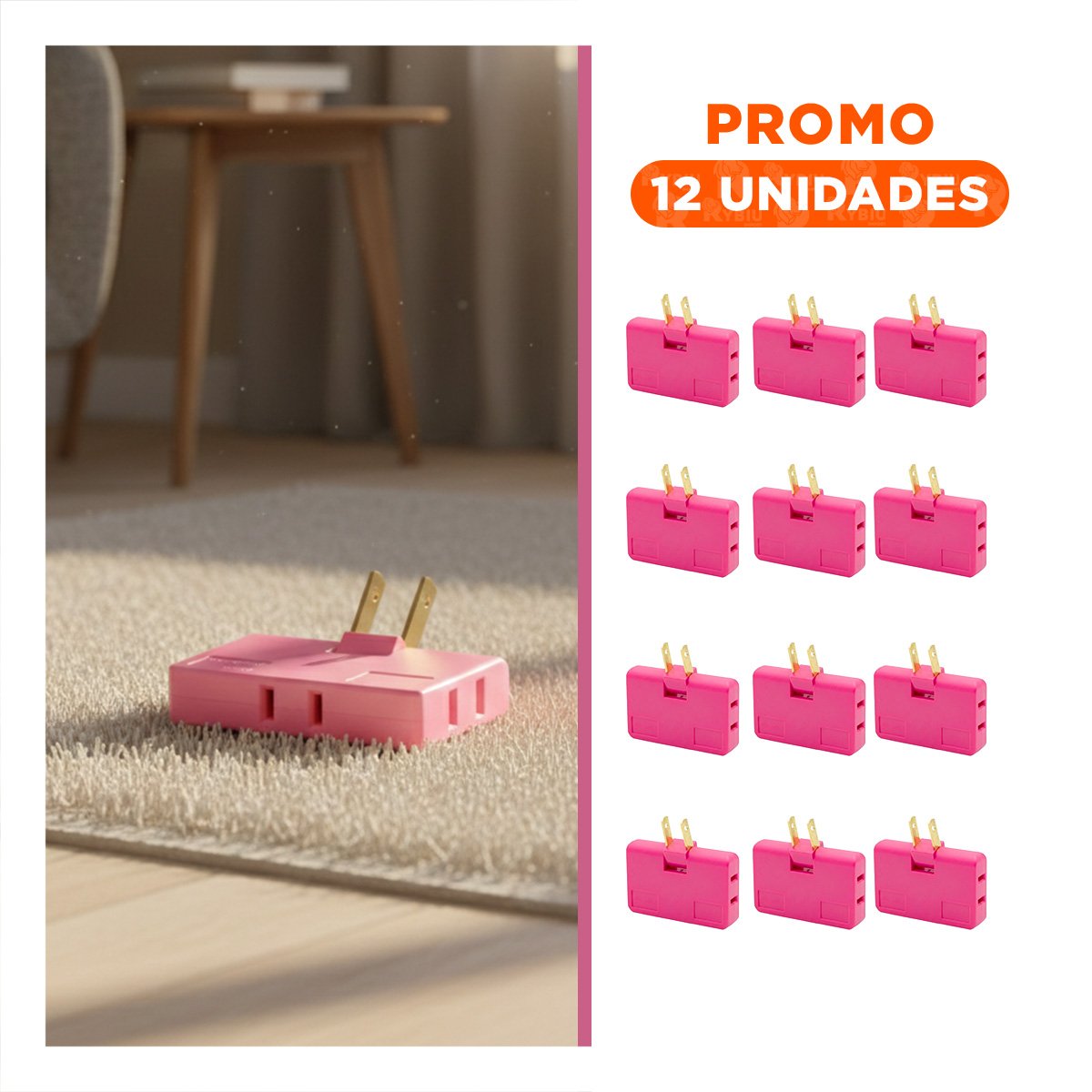 PACK12 DIVISOR TRIPLE DE ENCHUFE FUCSIA PRACTICO 6,6X4,3CM PARA OFICINA Y+REGALO STICKER - 1