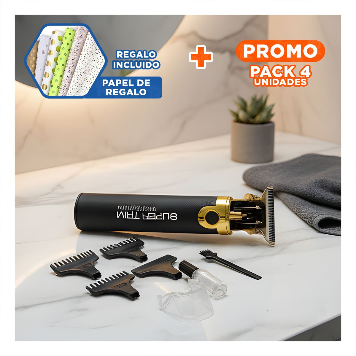 PACK4 TRIMMER CABELLO NEGRO Y DORADO CON CUCHILLA PRECISA PARA CORTE DETALLADO Y+PAPEL REGALO - 1