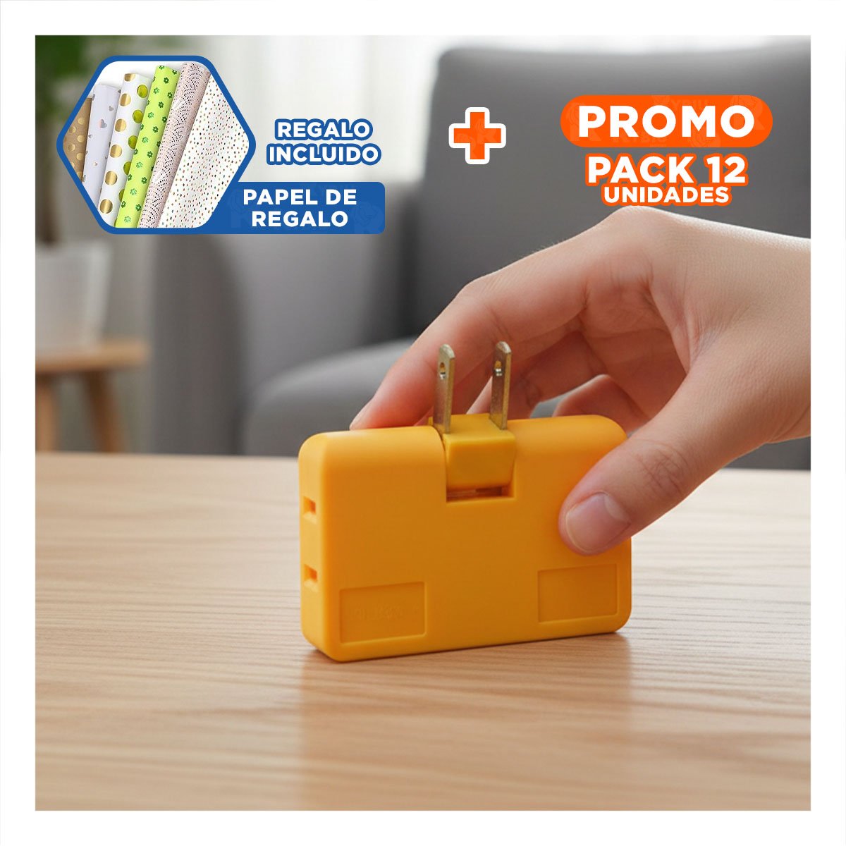 PACK12 MULTIPLICADOR TRIPLE DE ENCHUFE NARANJA COMPACTO 6,6X4,3CM PARA HOGAR Y+PAPEL REGALO - 1