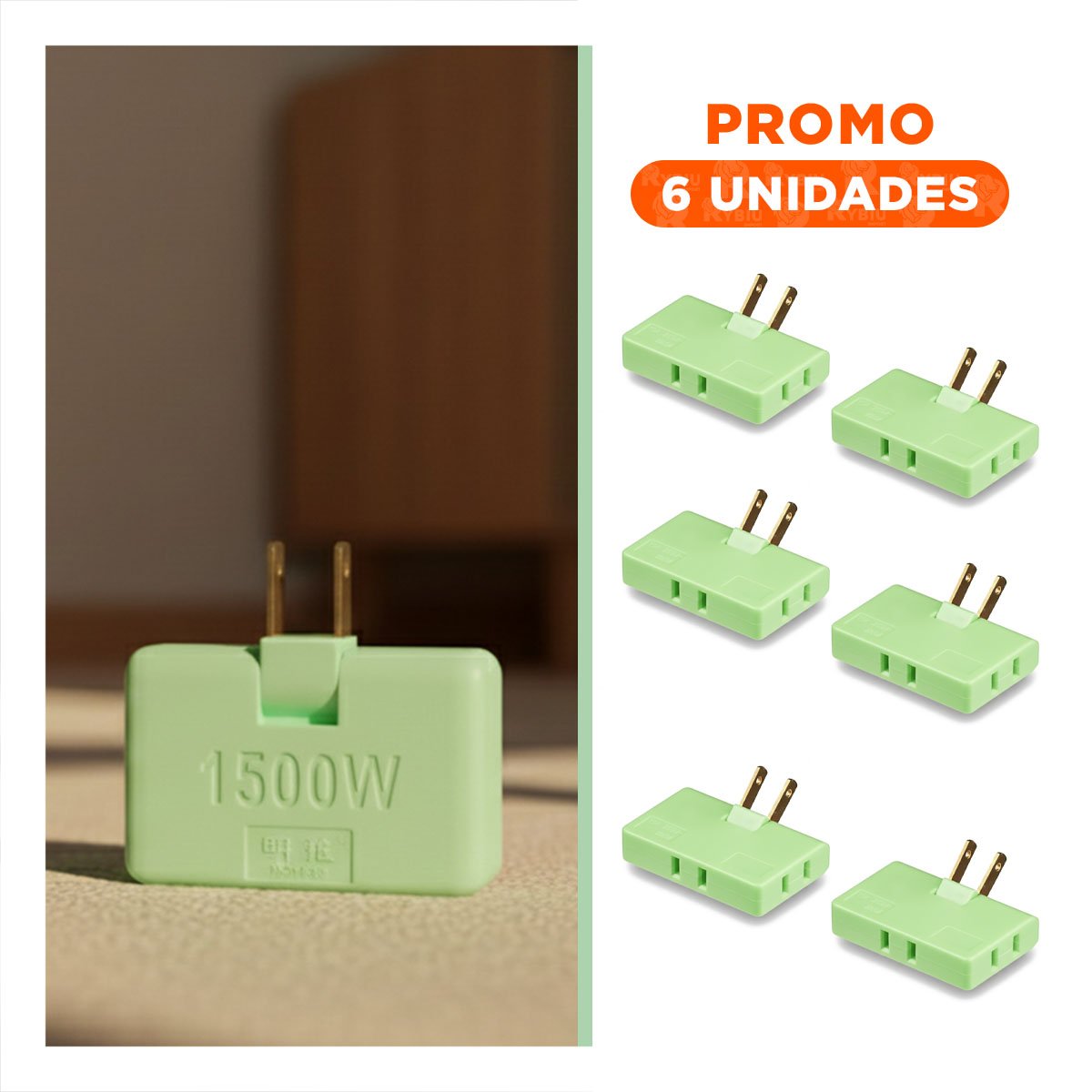 PACK6 CONECTOR TRIPLE DE ENCHUFE VERDE PORTATIL 6,6X4,3CM PARA USO DIARIO - 1
