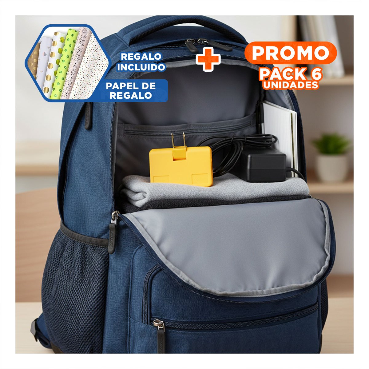 PACK6 EXTENSOR TRIPLE DE ENCHUFE NARANJA COMPACTO 6,6X4,3CM PARA OFICINA Y+PAPEL REGALO - 1