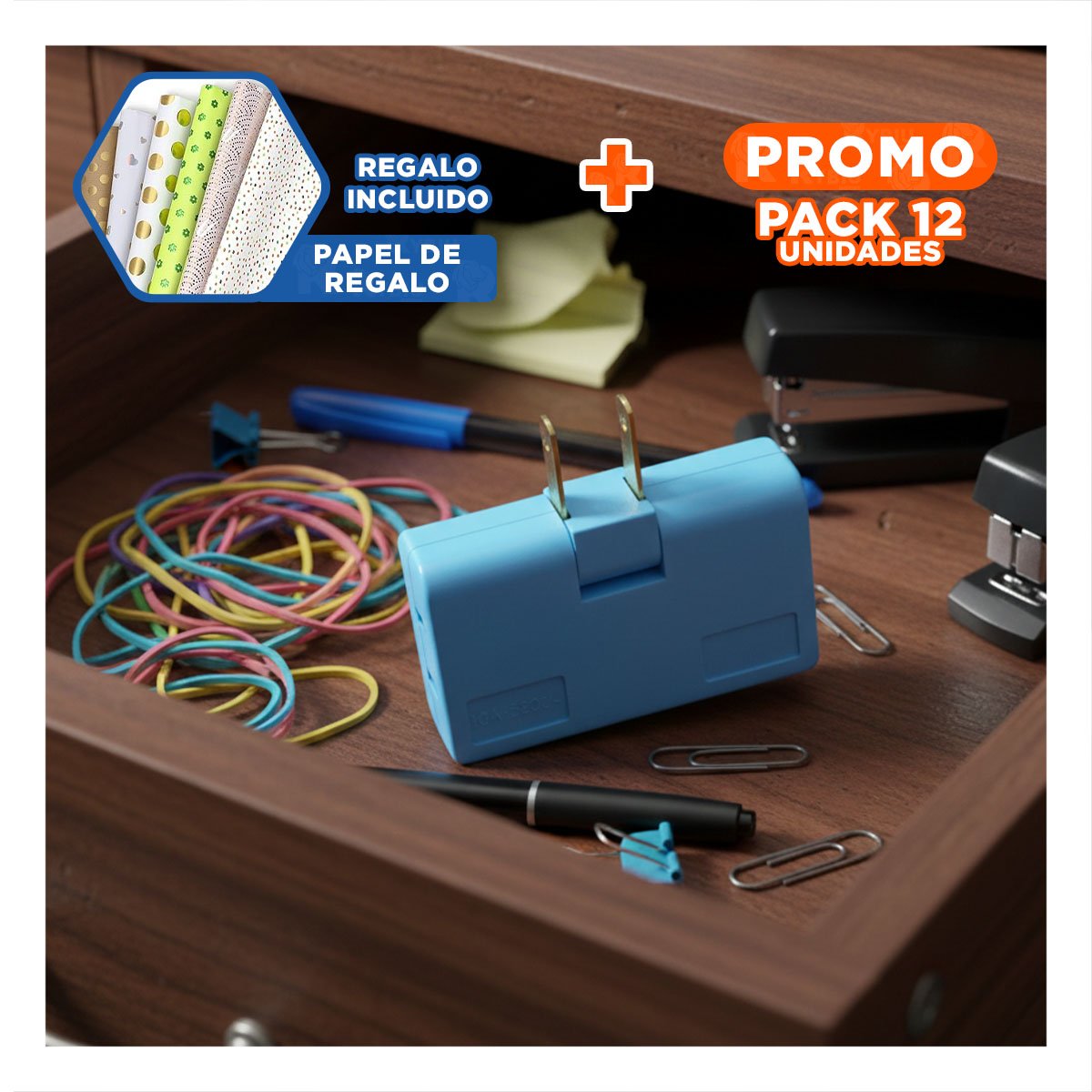 PACK12 MULTIPLICADOR TRIPLE DE ENCHUFE CELESTE COMPACTO 6,6X4,3CM PARA HOGAR Y+PAPEL REGALO - 1