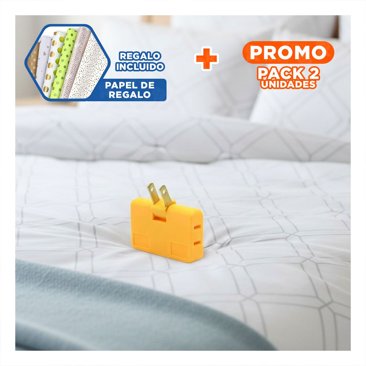 PACK2 DIVISOR TRIPLE DE ENCHUFE NARANJA COMPACTO 6,6X4,3CM PARA OFICINA Y+PAPEL REGALO - 1