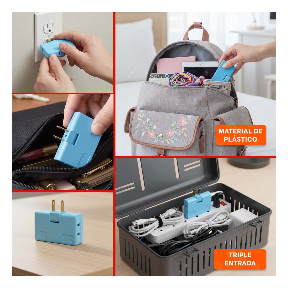 ADAPTADOR TRIPLE DE ENCHUFE CELESTE PORTATIL 6,6X4,3CM PARA OFICINA Y+LIGAS REGALO - 5