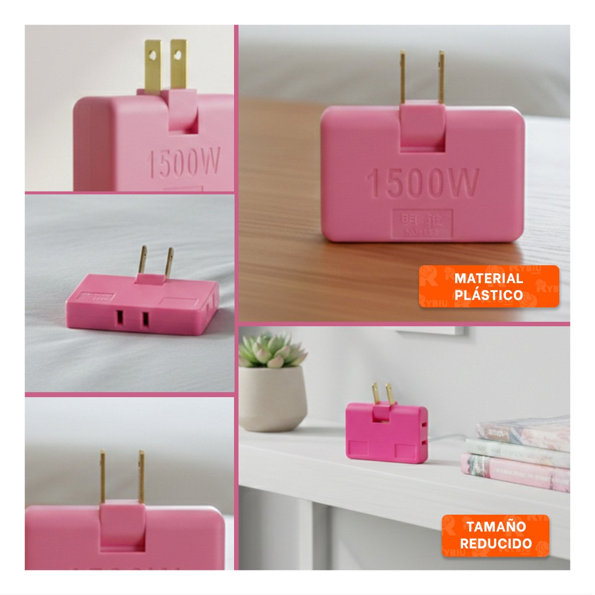 ADAPTADOR TRIPLE DE ENCHUFE FUCSIA PORTATIL 6,6X4,3CM PARA OFICINA Y+LIGAS REGALO - 5