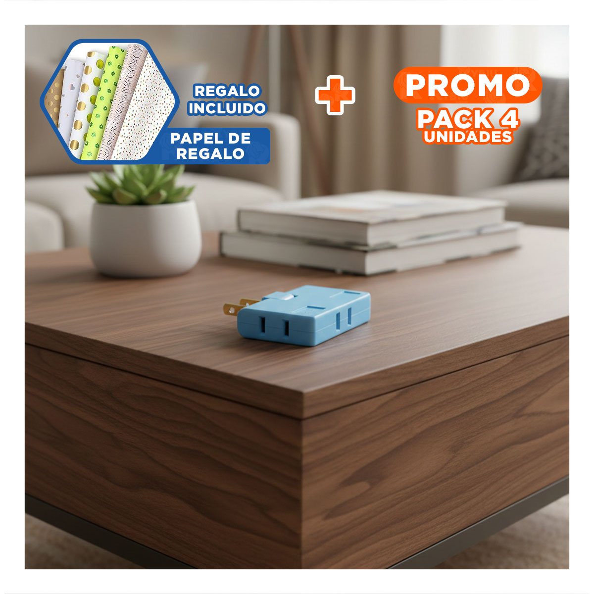 PACK4 CONECTOR TRIPLE DE ENCHUFE CELESTE COMPACTO 6,6X4,3CM PARA OFICINA Y+PAPEL REGALO - 1