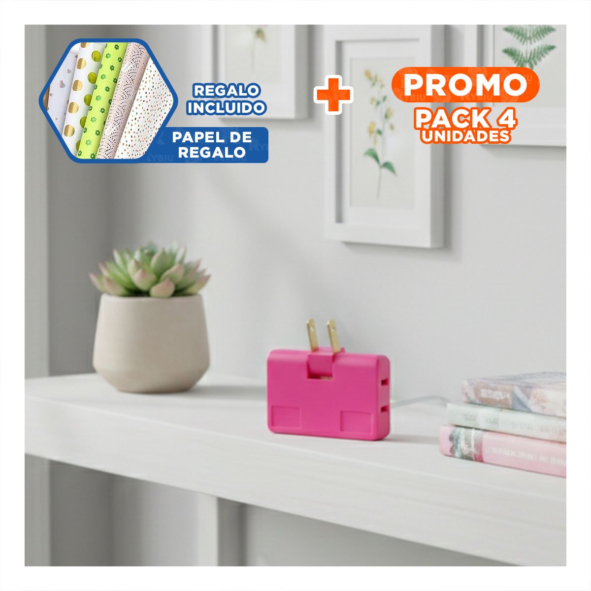PACK4 CONECTOR TRIPLE DE ENCHUFE FUCSIA COMPACTO 6,6X4,3CM PARA OFICINA Y+PAPEL REGALO - 1