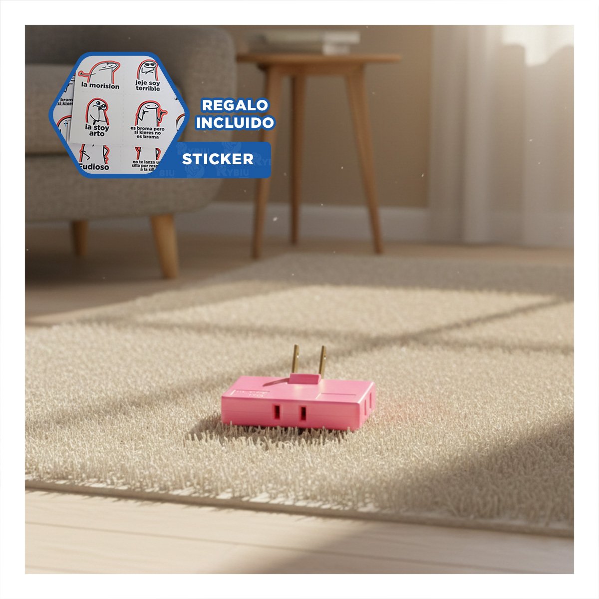 EXTENSOR TRIPLE DE ENCHUFE FUCSIA PORTATIL 6,6X4,3CM PARA USO DIARIO Y+REGALO STICKER - 1