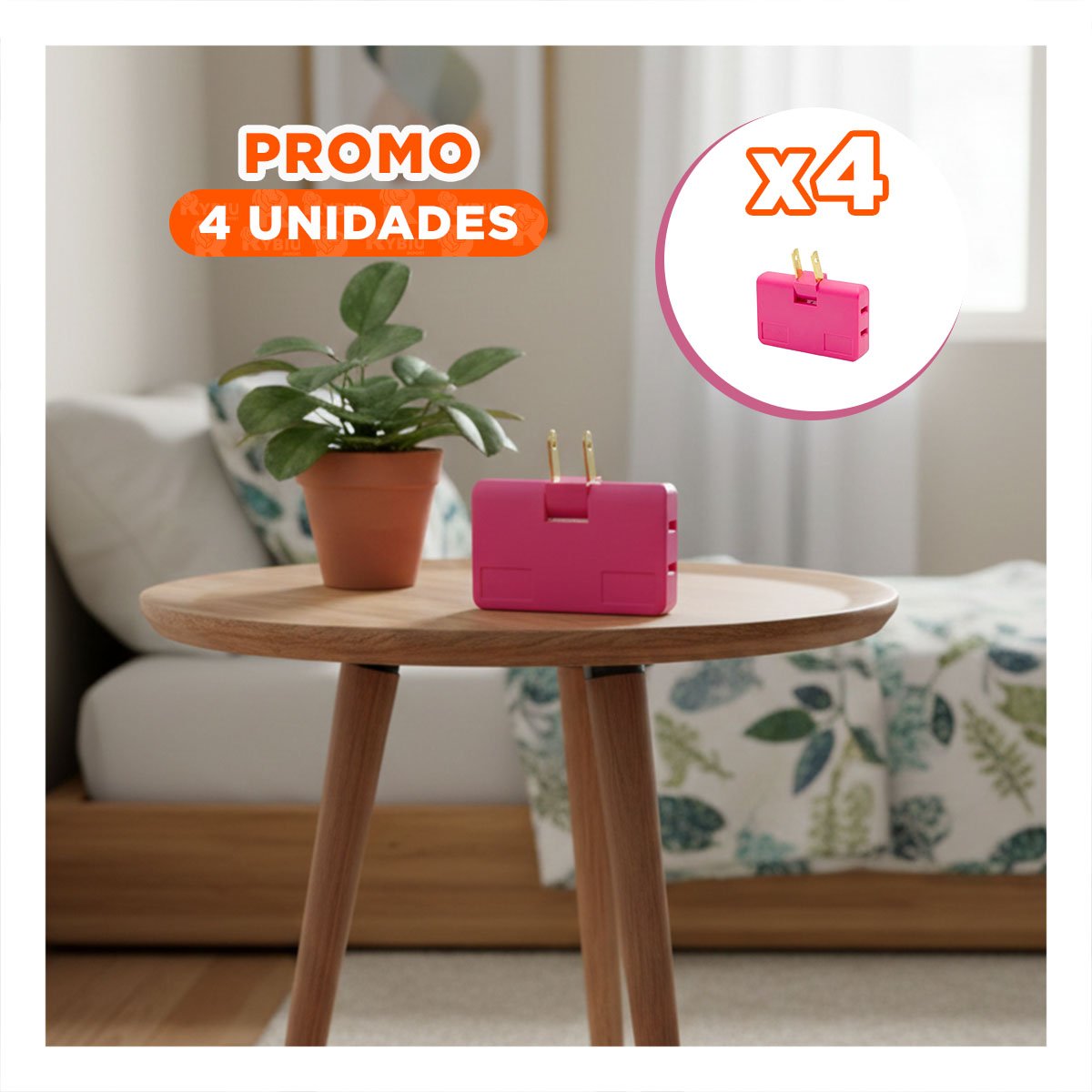 PACK4 ADAPTADOR TRIPLE DE ENCHUFE FUCSIA PRACTICO 6,6X4,3CM PARA HOGAR - 1
