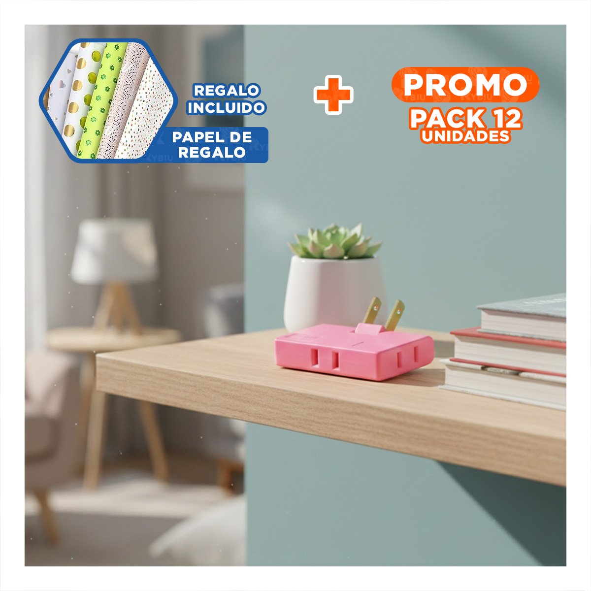 PACK12 MULTIPLICADOR TRIPLE DE ENCHUFE FUCSIA COMPACTO 6,6X4,3CM PARA HOGAR Y+PAPEL REGALO - 1