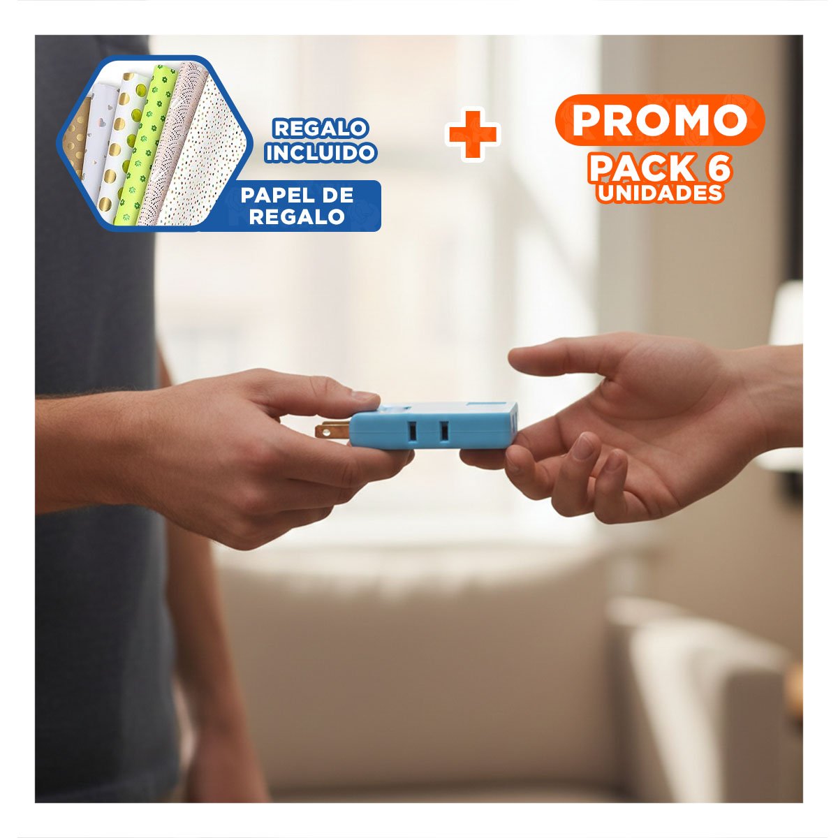 PACK6 EXTENSOR TRIPLE DE ENCHUFE CELESTE COMPACTO 6,6X4,3CM PARA OFICINA Y+PAPEL REGALO - 1