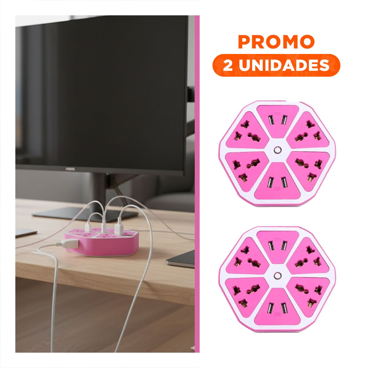 PACK2 MULTITOMA HEXAGONAL 4 TOMAS 4 USB MORADO PARA CONECTAR EQUIPOS DE ESCRITORIO - 1