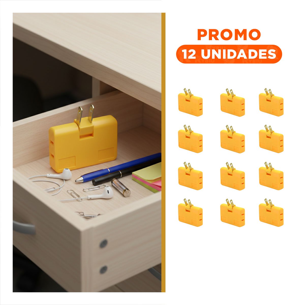 PACK12 DIVISOR TRIPLE DE ENCHUFE NARANJA PRACTICO 6,6X4,3CM PARA OFICINA Y+REGALO STICKER - 1
