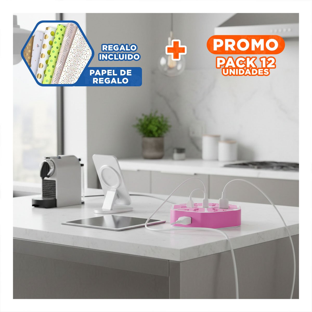 PACK12 MULTITOMA HEXAGONAL 4 PUERTOS 4 USB MORADO PARA ENERGIA DE EQUIPOS Y+PAPEL REGALO - 1