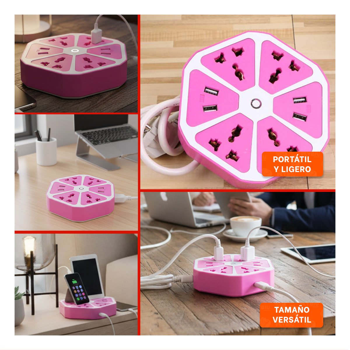 PACK12 MULTITOMA HEXAGONAL 4 PUERTOS 4 USB MORADO PARA ENERGIA DE EQUIPOS Y+PAPEL REGALO - 2