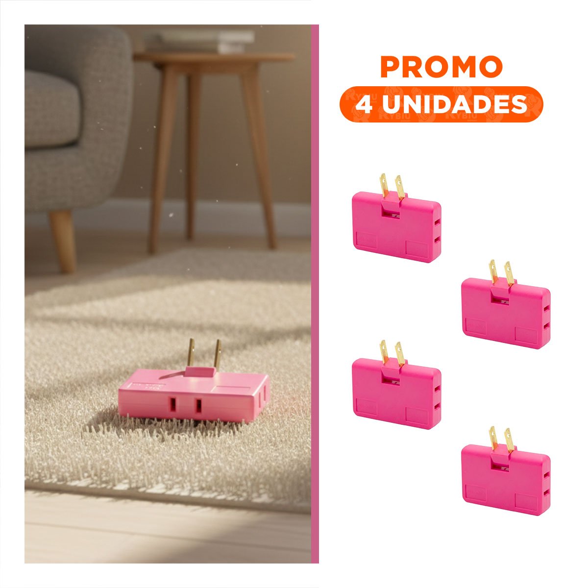 PACK4 MULTIPLICADOR TRIPLE DE ENCHUFE FUCSIA PRACTICO 6,6X4,3CM Y+REGALO STICKER - 1