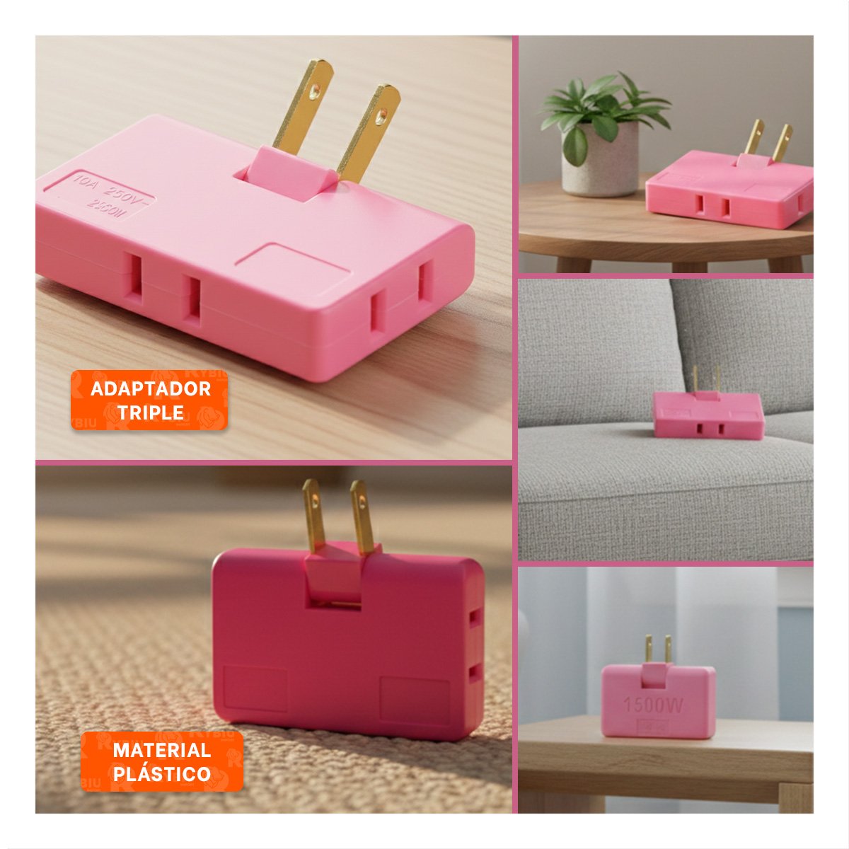 PACK4 MULTIPLICADOR TRIPLE DE ENCHUFE FUCSIA PRACTICO 6,6X4,3CM Y+REGALO STICKER - 2