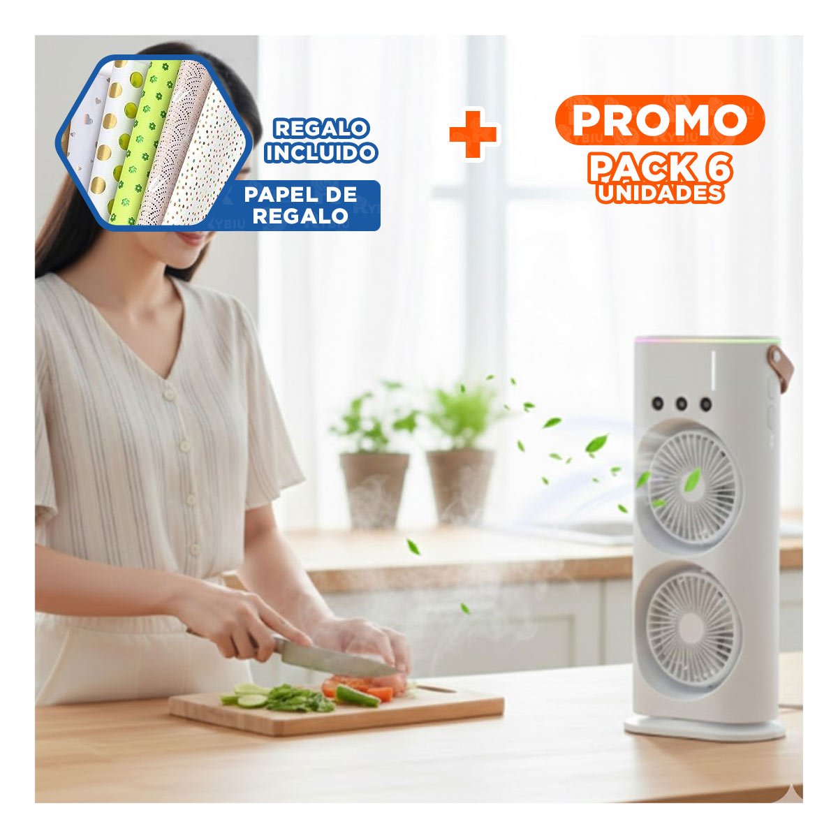 PACK6 HUMIDIFICADOR BLANCO VENTILADOR CON 2 VENTILADORES PARA ESPACIO INTERIOR Y+PAPEL REGALO - 1