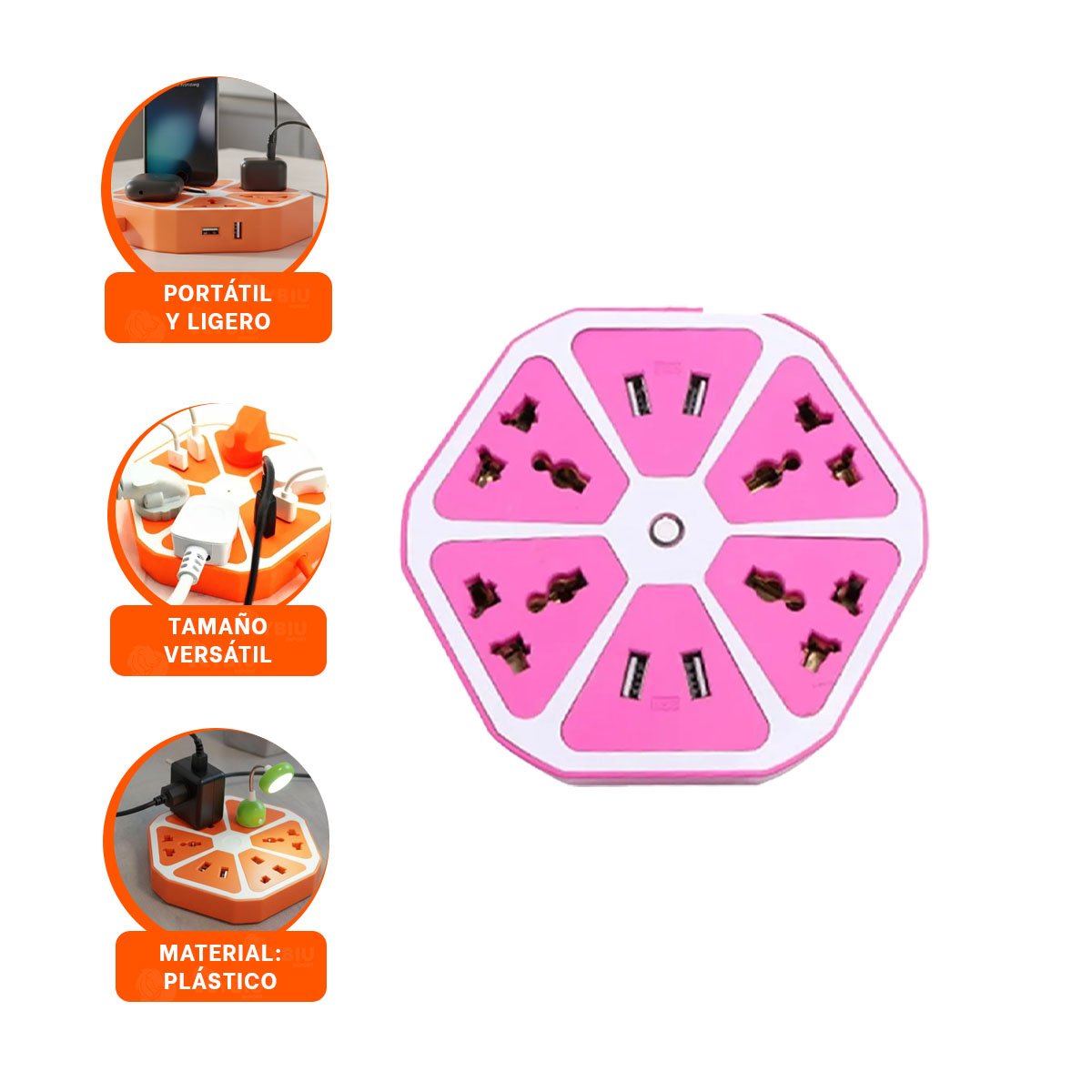 MULTITOMA HEXAGONAL 4 SALIDAS 4 USB MORADO PARA ALIMENTAR EQUIPOS ELECTRONICOS - 3