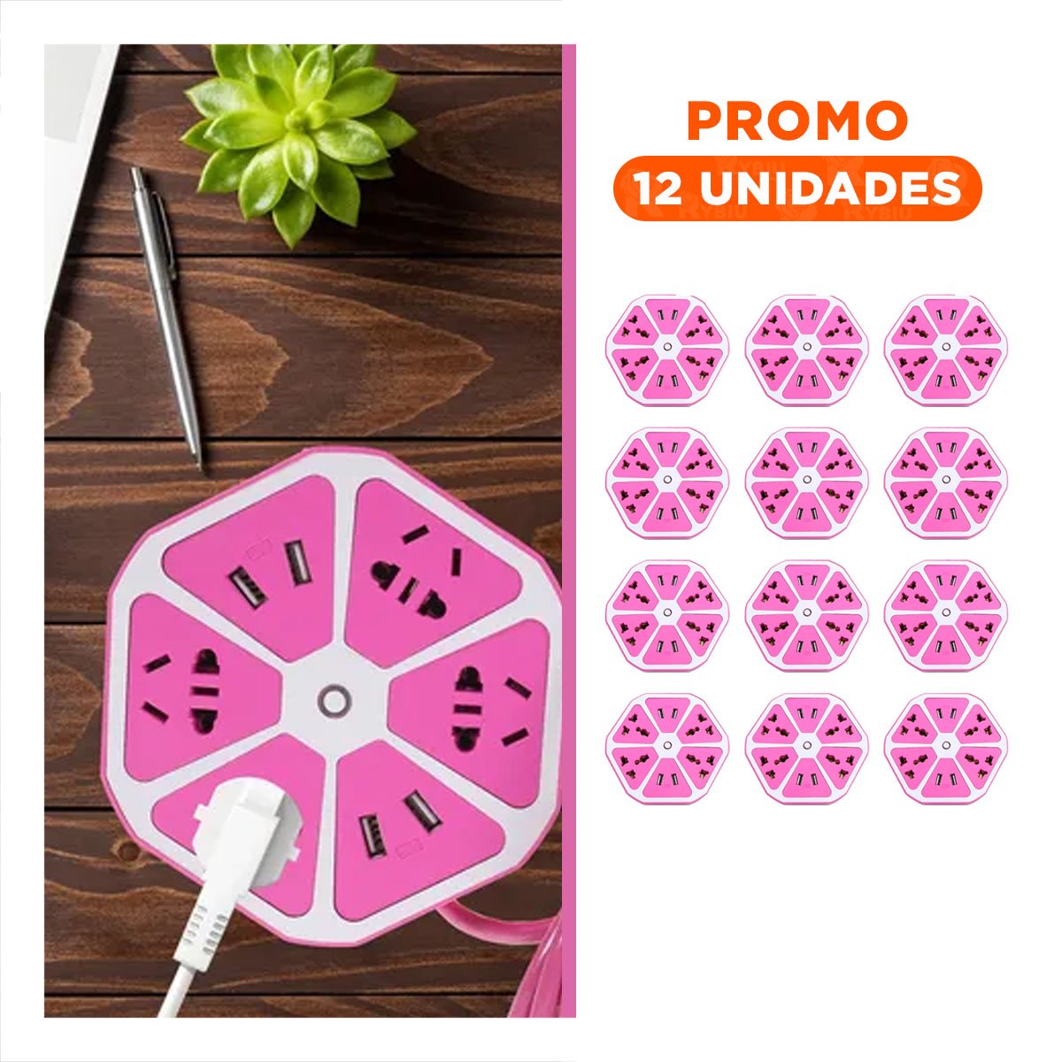 PACK12 ADAPTADOR HEXAGONAL 4 TOMAS 4 USB MORADO PARA GESTIONAR ENERGIA EN CASA Y+REGALO STICKER - 1
