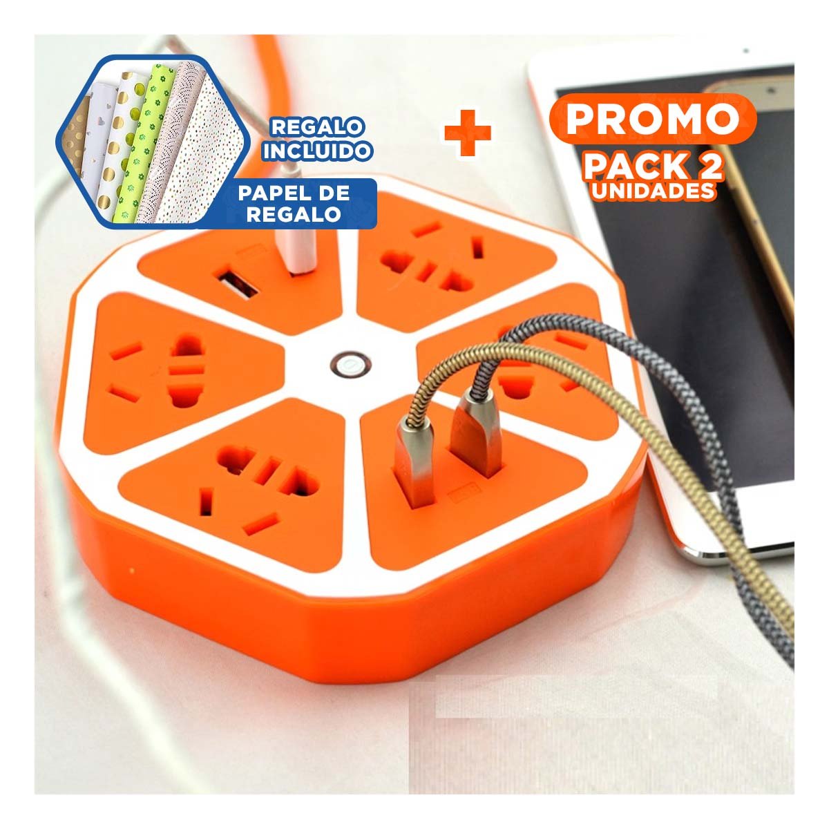 PACK2 ADAPTADOR HEXAGONAL 4 ENCHUFES 4 USB NARANJA PARA CARGAR MOVIL Y+PAPEL REGALO - 1