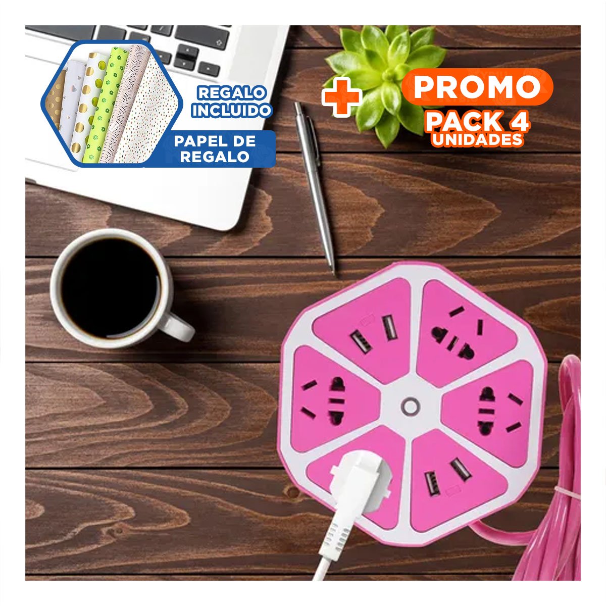 PACK4 REGLETA HEXAGONAL 4 PUERTOS 4 USB MORADO PARA CONECTAR EQUIPOS EN OFICINA Y+PAPEL REGALO - 1