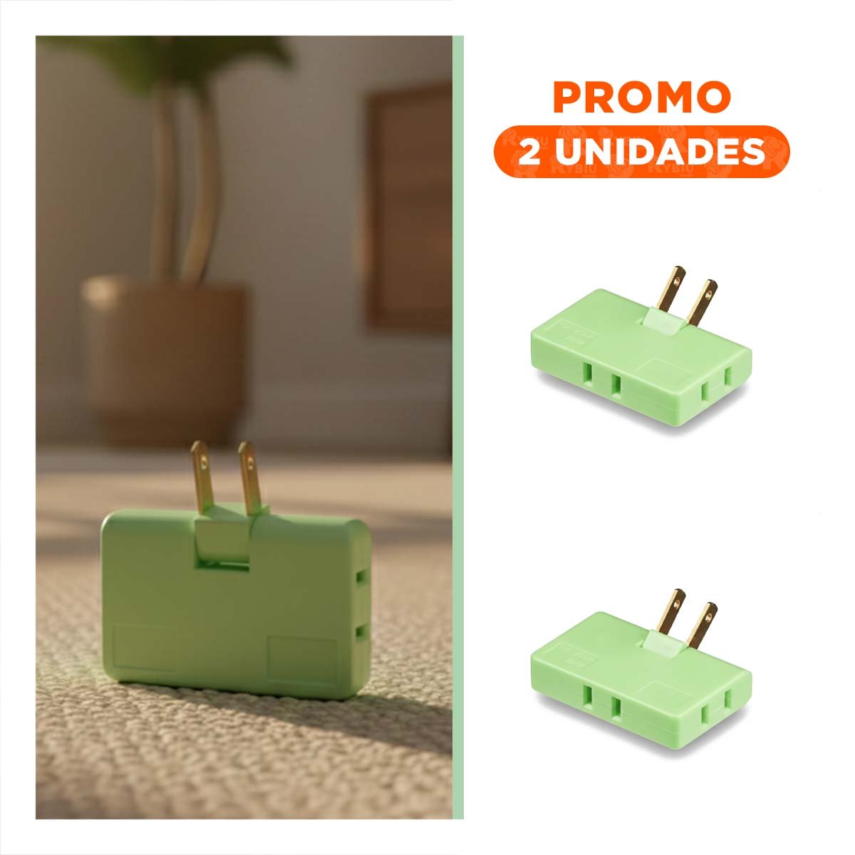 PACK2 ADAPTADOR TRIPLE DE ENCHUFE VERDE PRACTICO 6,6X4,3CM PARA HOGAR - 1