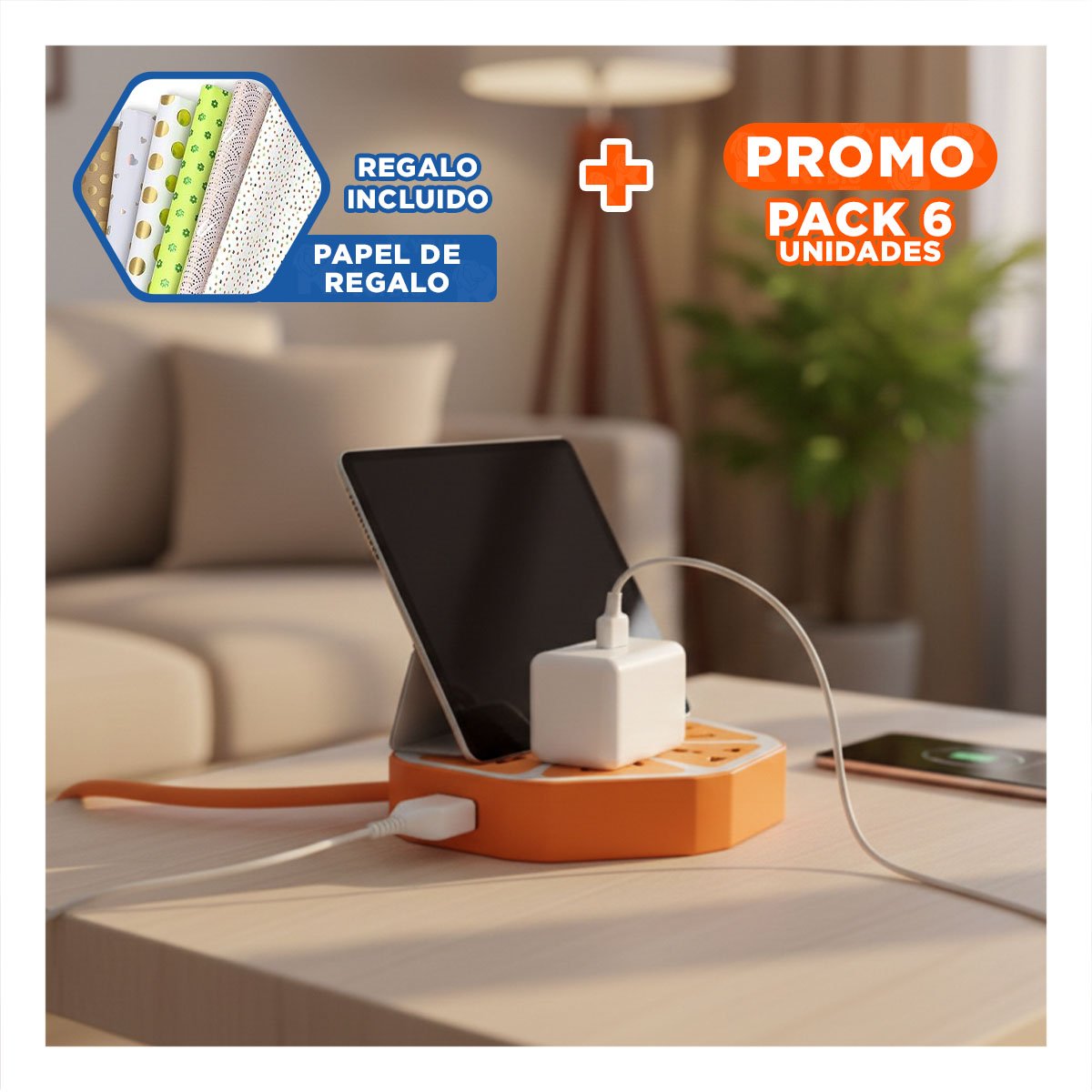 PACK6 CONECTOR HEXAGONAL 4 TOMAS 4 USB NARANJA PARA CONECTAR DISPOSITIVOS Y+PAPEL REGALO - 1