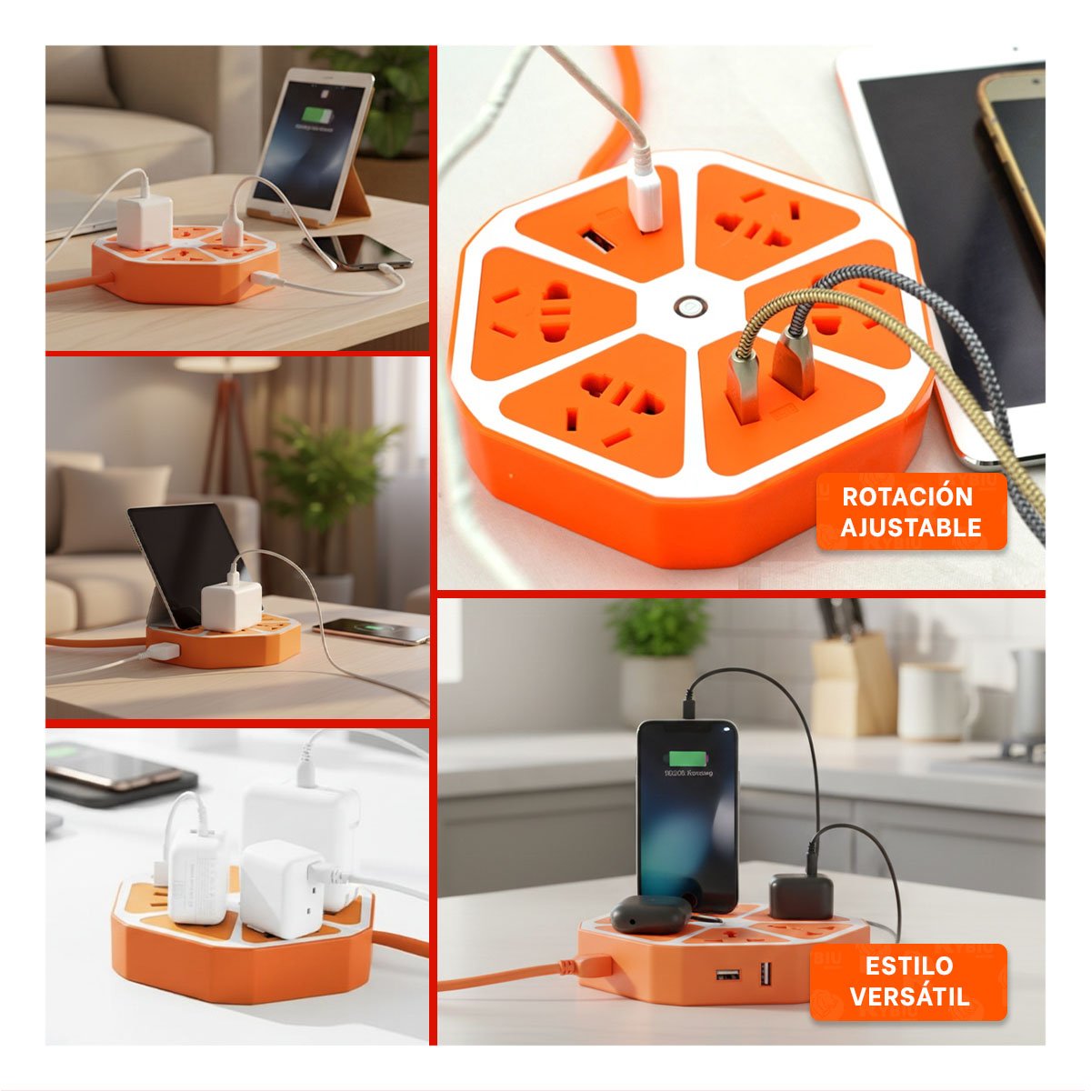 PACK6 CONECTOR HEXAGONAL 4 TOMAS 4 USB NARANJA PARA CONECTAR DISPOSITIVOS Y+PAPEL REGALO - 3