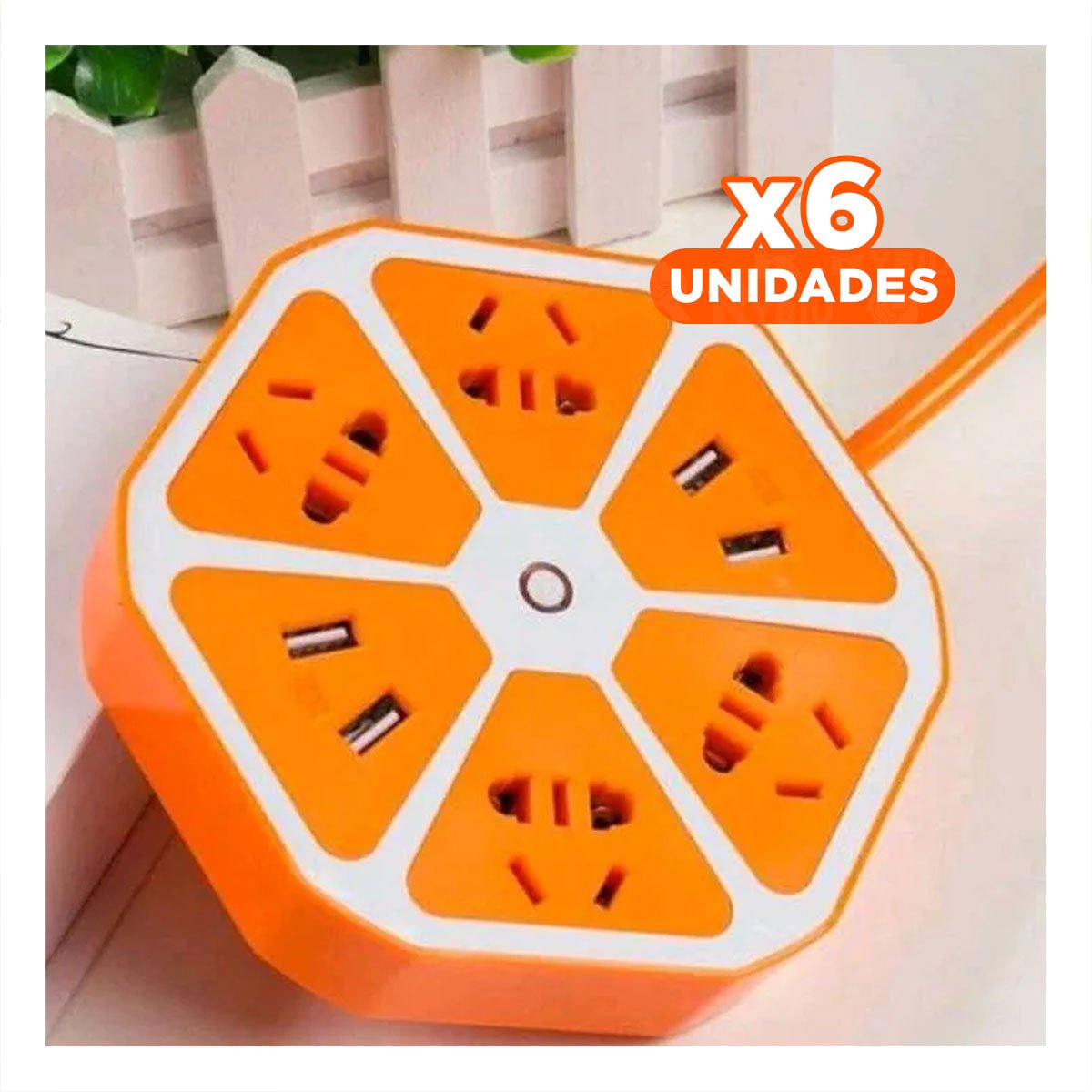 PACK6 EXTENSION HEXAGONAL 4 ENCHUFES 4 USB NARANJA PARA CARGA EN ESCRITORIO Y+REGALO STICKER - 1