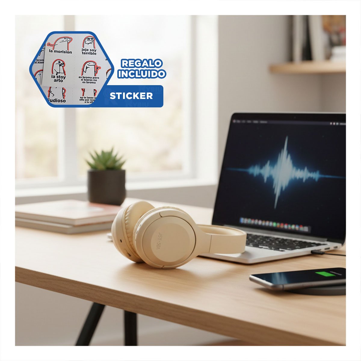 AURICULAR WIRELESS CAQUI BLUETOOTH PORTATIL AUDIO ESTABLE PARA MOVIL Y+REGALO STICKER - 1