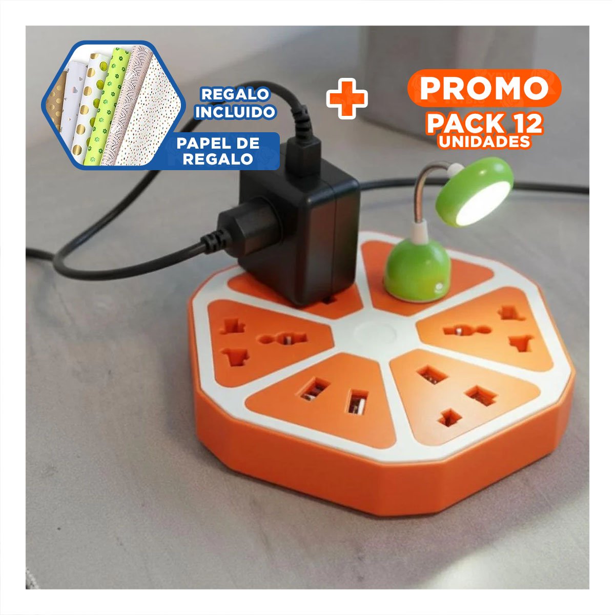 PACK12 MULTITOMA HEXAGONAL 4 PUERTOS 4 USB NARANJA PARA ENERGIA DE EQUIPOS Y+PAPEL REGALO - 1