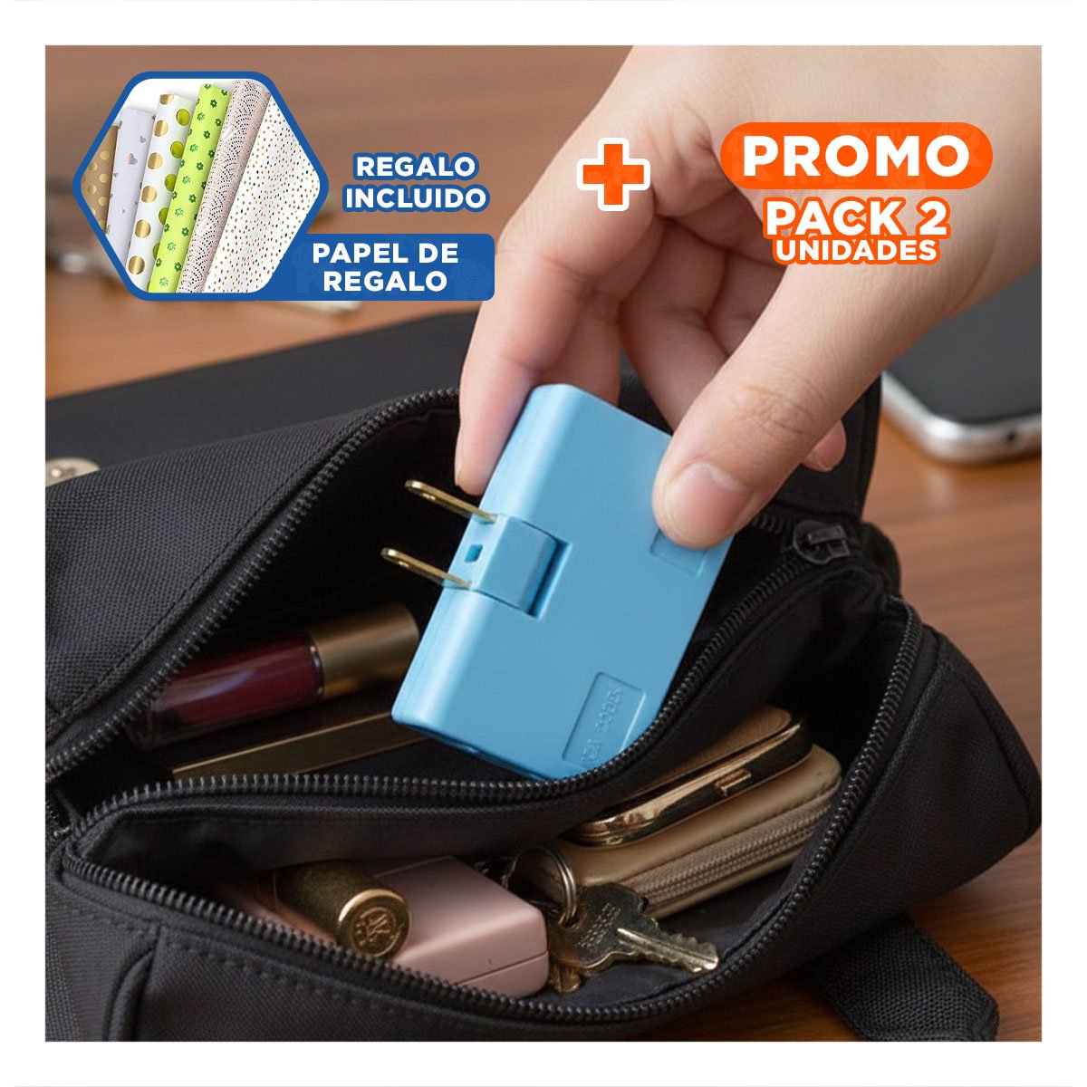 PACK2 DIVISOR TRIPLE DE ENCHUFE CELESTE COMPACTO 6,6X4,3CM PARA OFICINA Y+PAPEL REGALO - 1