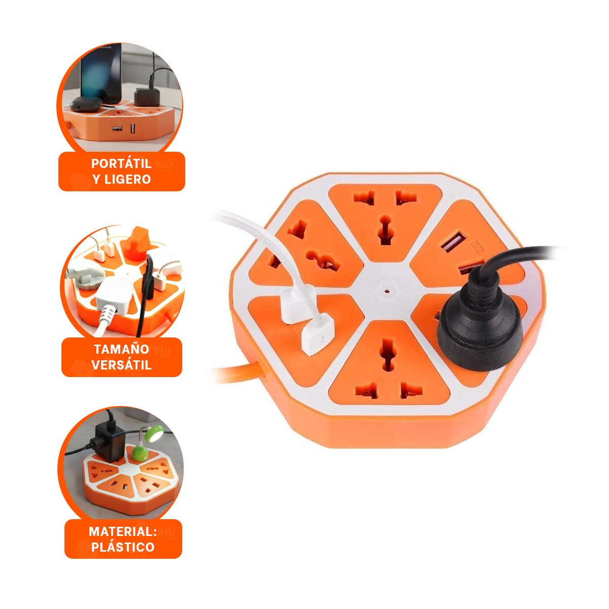 MULTITOMA HEXAGONAL 4 SALIDAS 4 USB NARANJA PARA ALIMENTAR EQUIPOS ELECTRONICOS - 3