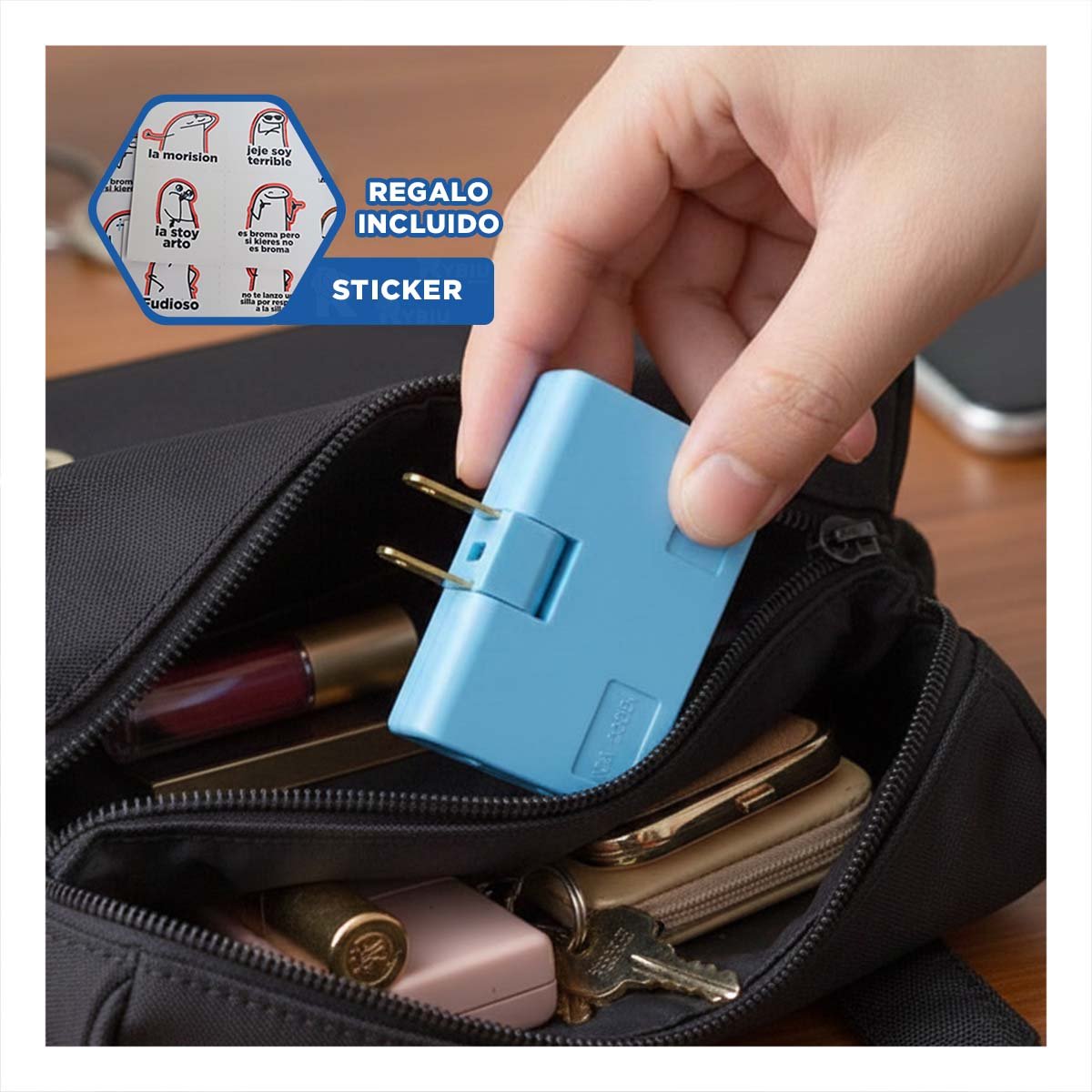 EXTENSOR TRIPLE DE ENCHUFE CELESTE PORTATIL 6,6X4,3CM PARA USO DIARIO Y+REGALO STICKER - 1